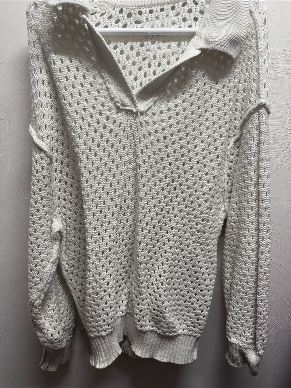 Open-Knit V-Neck Women's Sweater in white